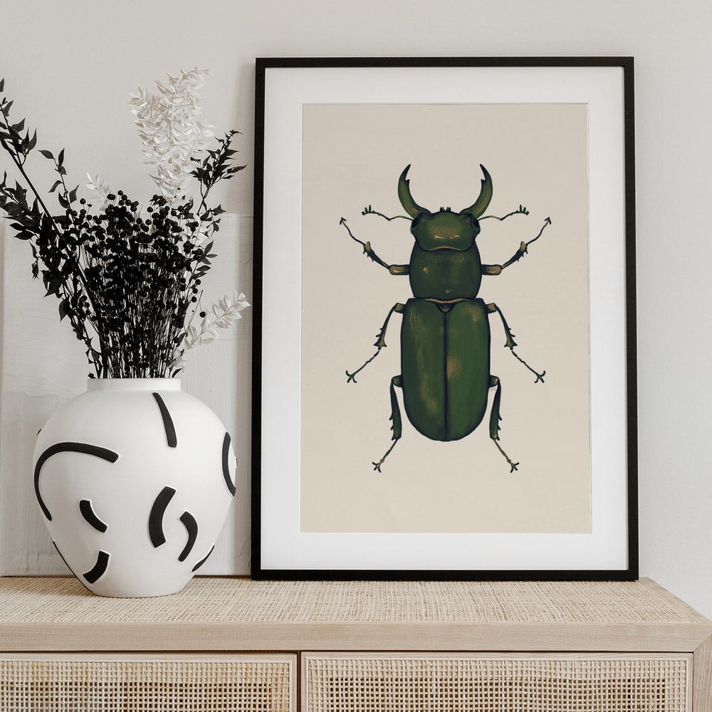 Illustration eines dunkelgrünen Hirschkäfers auf hellem Hintergrund