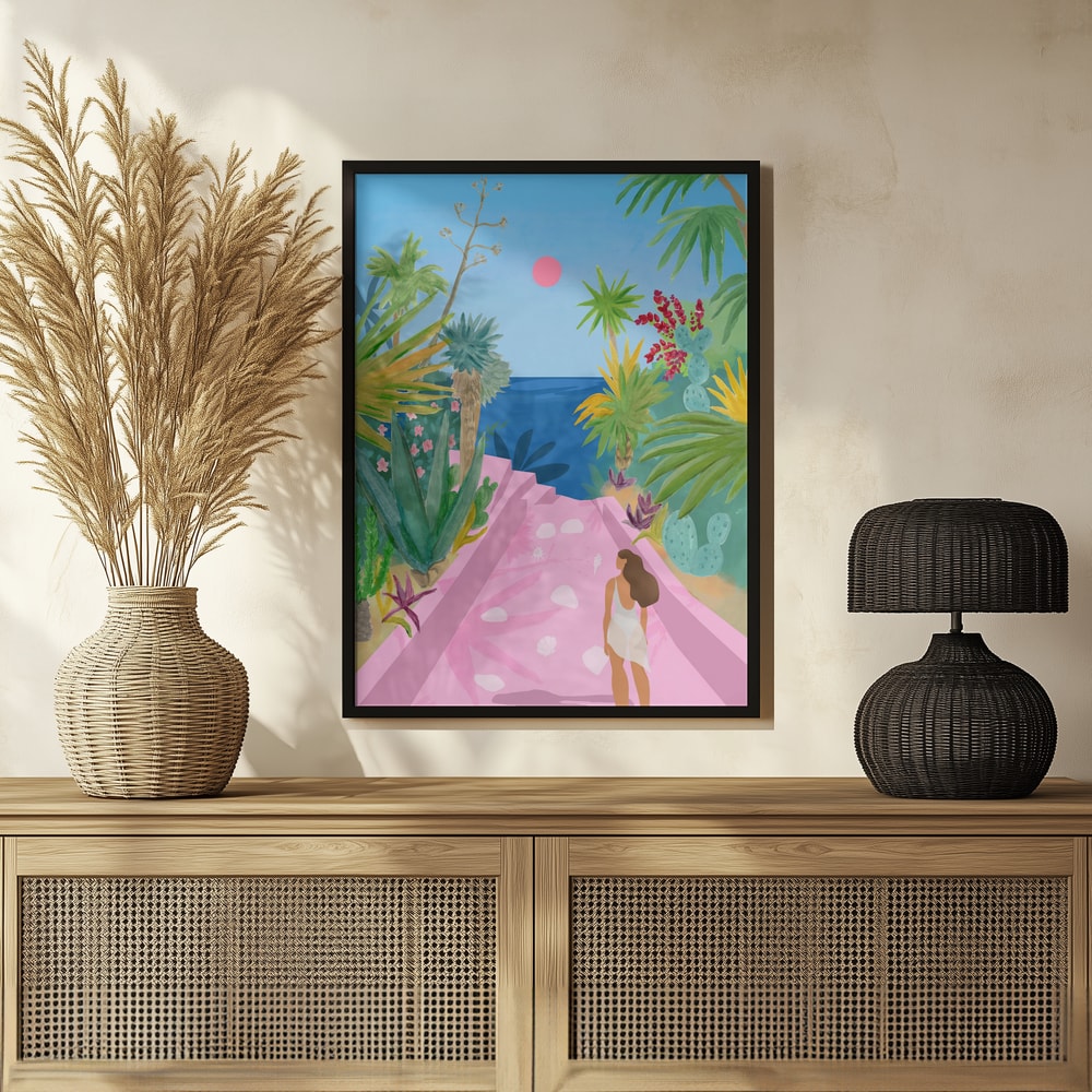Illustration eines rosa Wegs zwischen tropischen Pflanzen zum blauen Meer mit Frau im weißen Kleid