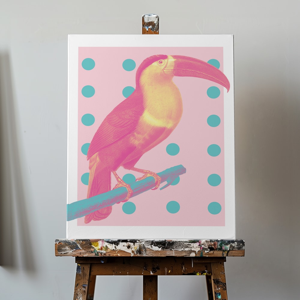 Illustration eines pink-gelben Tukans auf türkisem Ast vor rosa Hintergrund mit Punkten