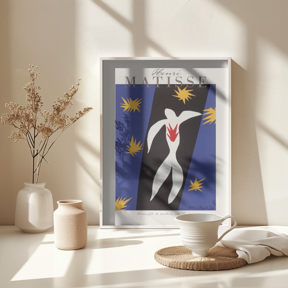 Ausstellungsplakat Henri Matisse mit weißer Ikarus-Figur und gelben Sternen auf Blau, grauer Schriftzug
