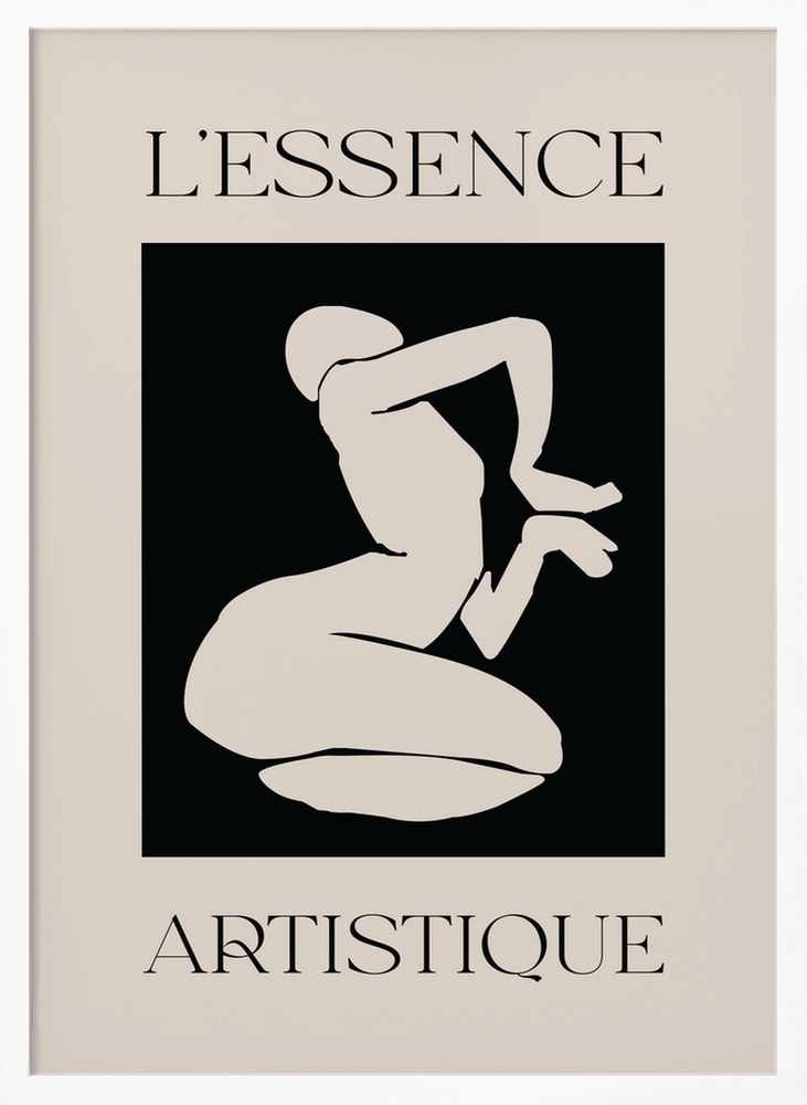 Helle kniende Figur im Scherenschnitt-Stil auf schwarzem Feld mit Schriftzug L'Essence Artistique