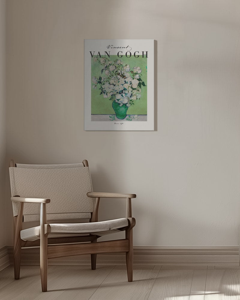 Ausstellungsplakat Vincent van Gogh mit weißen Rosen in grüner Vase, schwarzer Schriftzug