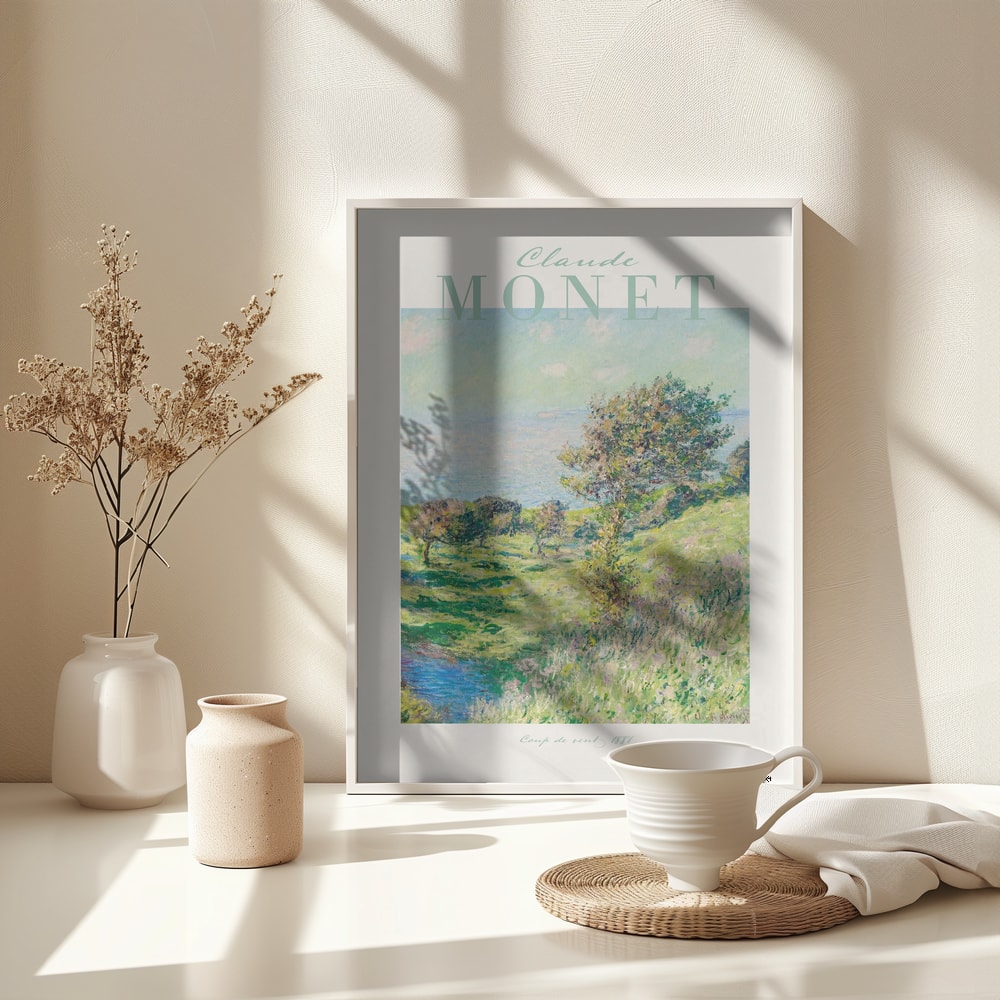 Ausstellungsplakat Claude Monet mit dem Gemälde Windstoß, mintfarbener Schriftzug