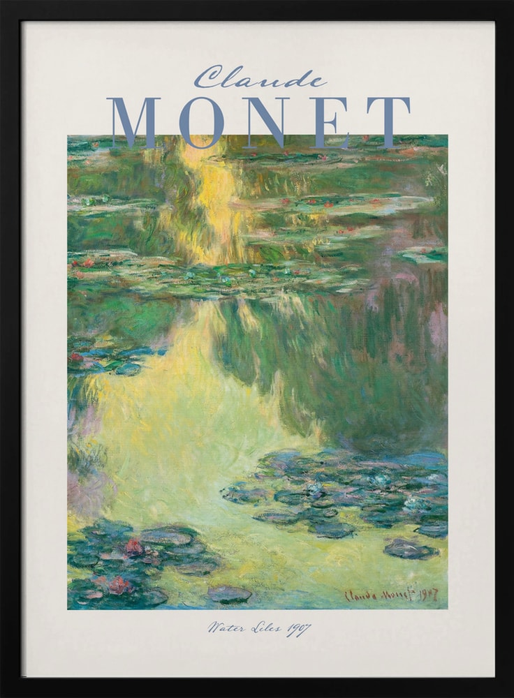 Ausstellungsplakat Claude Monet mit Seerosen auf grünem Wasser, hellblauer Schriftzug