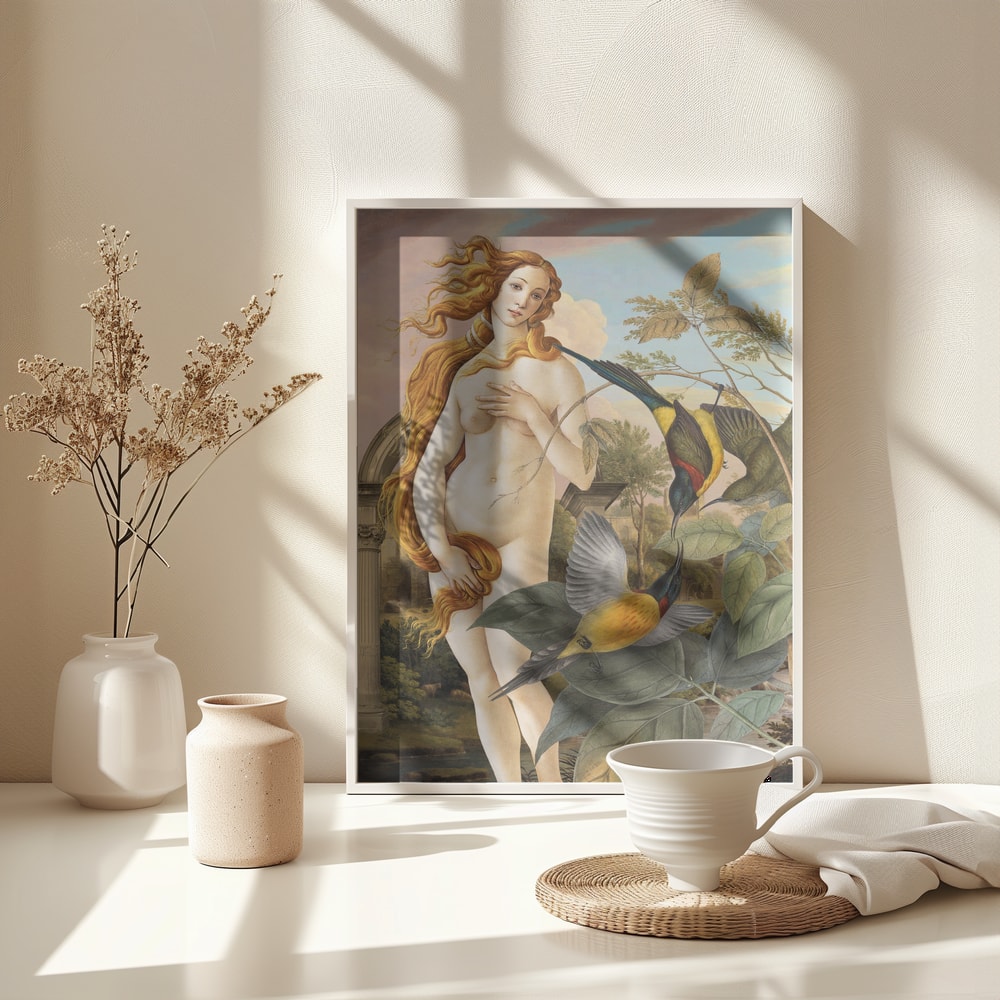 Collage der Venus von Botticelli zwischen bunten tropischen Vögeln und Pflanzen