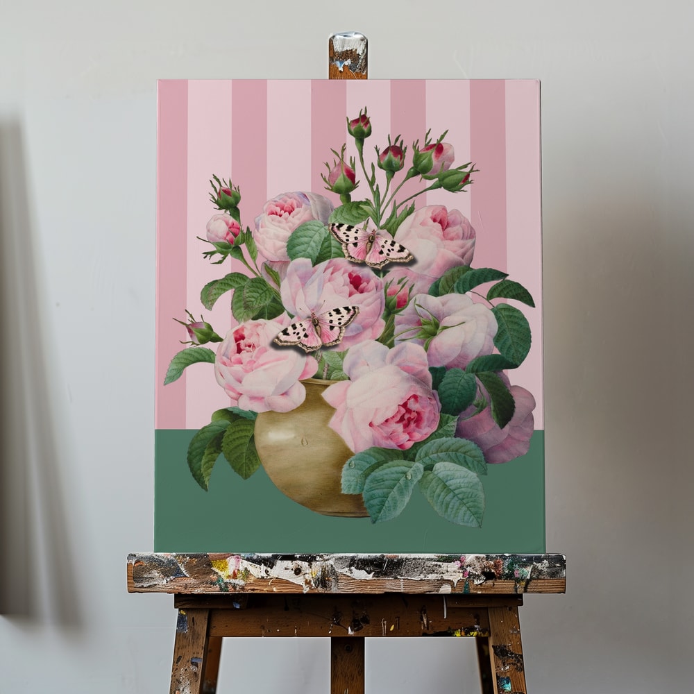 Illustration rosa Rosen in goldener Vase mit Schmetterlingen vor rosa gestreiftem Hintergrund