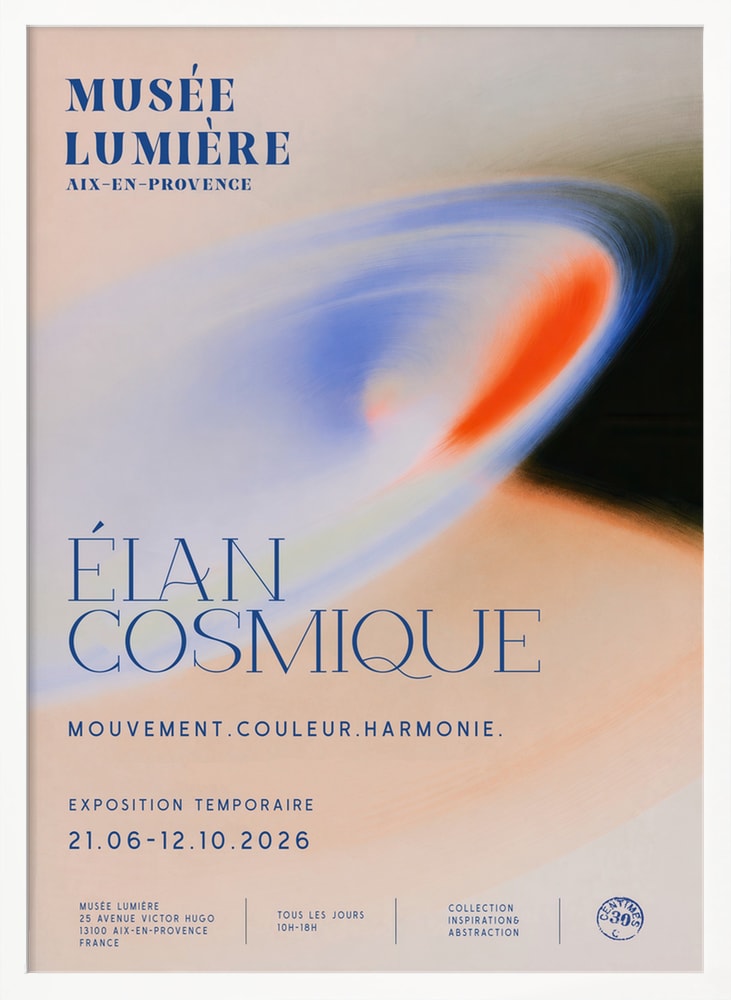 Ausstellungsplakat Élan Cosmique mit weichem Farbwirbel in Blau, Orange und Rosé