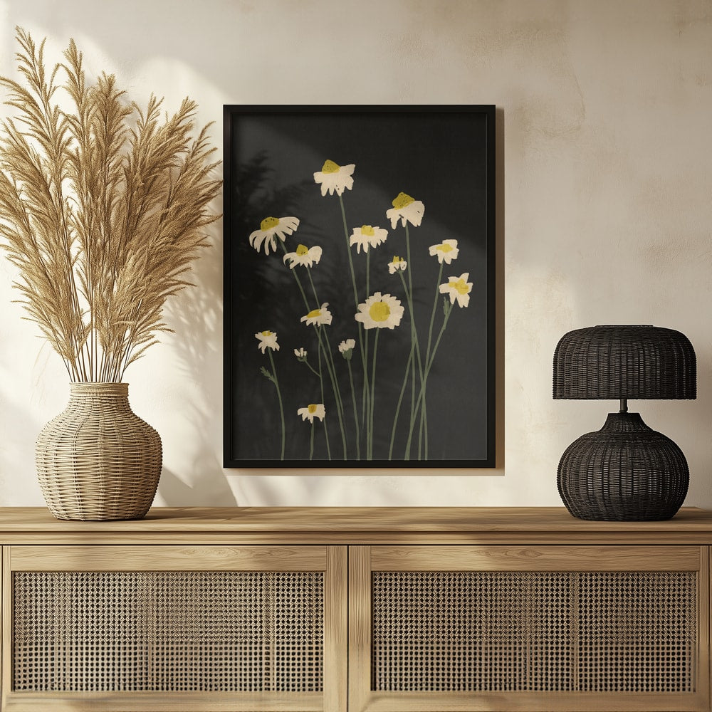 Illustration weißer Gänseblümchen an langen Stielen auf schwarzem Hintergrund