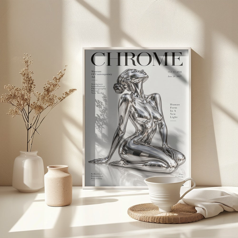 Ausstellungsplakat mit dem Schriftzug Chrome und einer knienden Frauenfigur aus Chrom