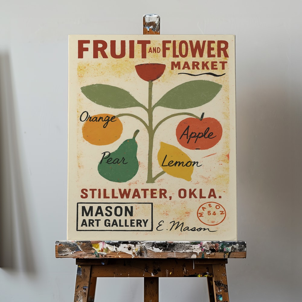 Vintage-Marktplakat mit Früchten an einer Pflanze und Schriftzug Fruit and Flower Market