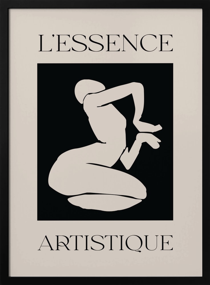 Helle kniende Figur im Scherenschnitt-Stil auf schwarzem Feld mit Schriftzug L'Essence Artistique
