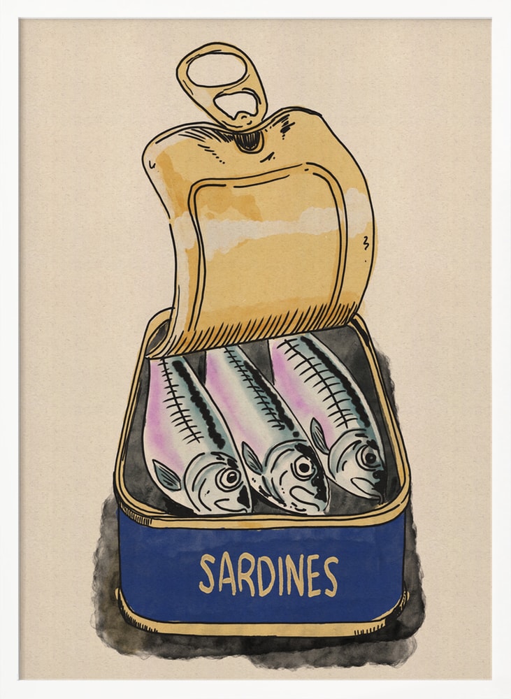 Illustration einer geöffneten Sardinendose mit drei Fischen