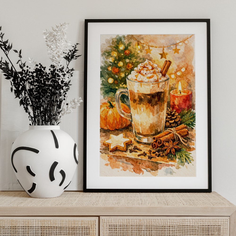 Aquarell eines Latte mit Sahnehaube, Zimtstangen, Sternanis, Lebkuchen und Kerze vor Weihnachtsbaum