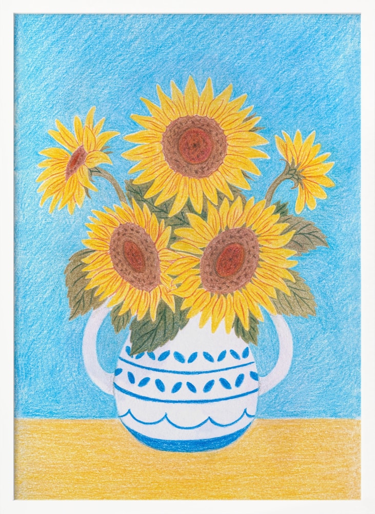 Buntstiftzeichnung von Sonnenblumen in blau-weißem Krug vor hellblauem Hintergrund