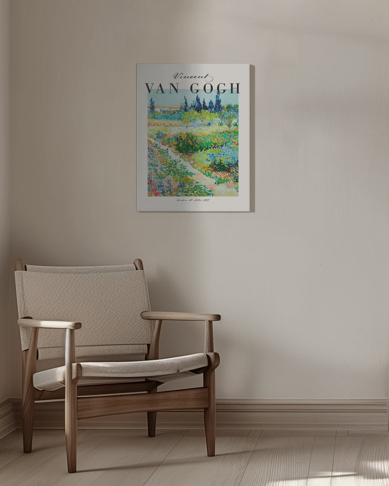 Ausstellungsplakat Vincent van Gogh mit dem Gemälde Garten in Arles, schwarzer Schriftzug oben