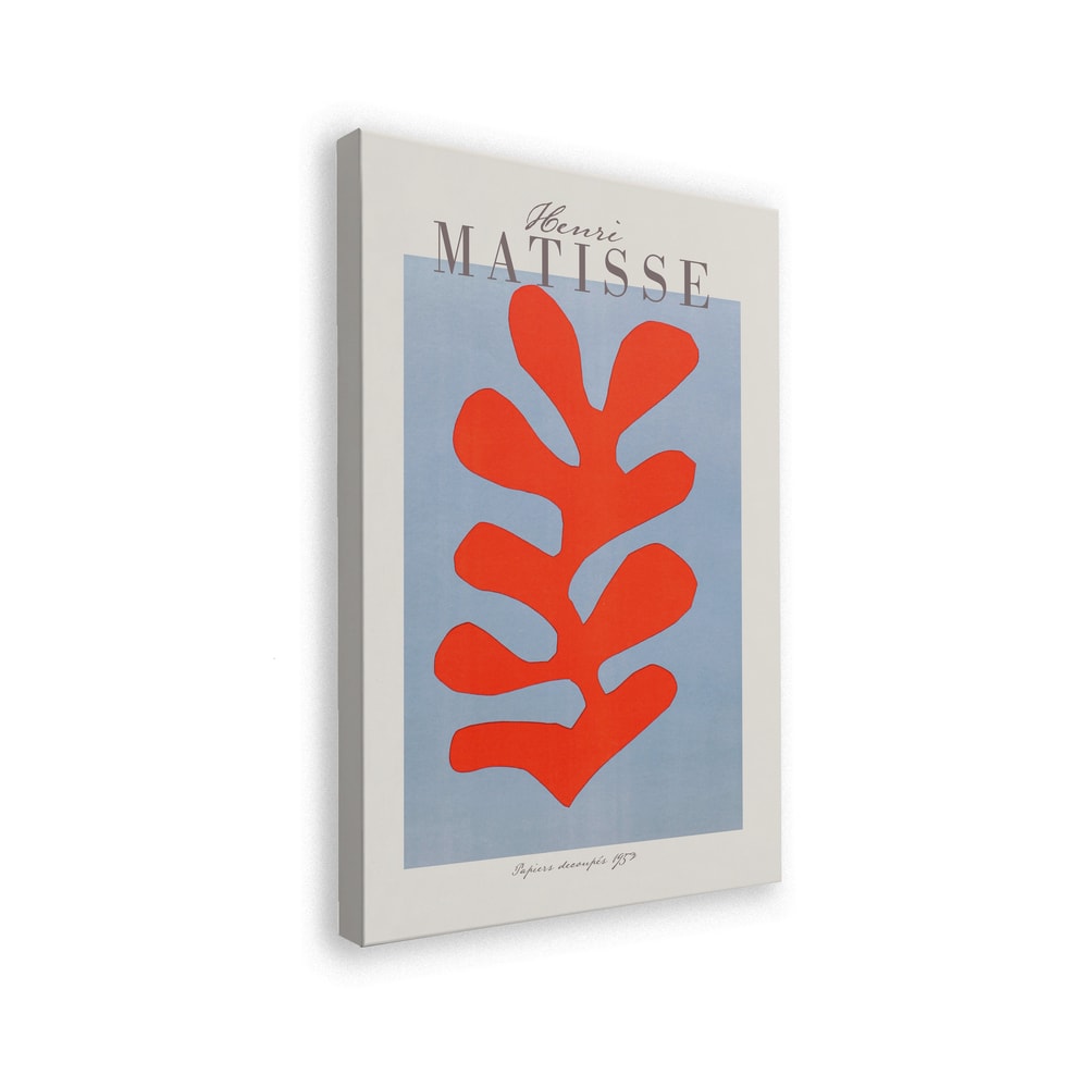Ausstellungsplakat Henri Matisse mit korallenrotem Scherenschnitt-Blatt auf hellblauem Grund, grauer Schriftzug