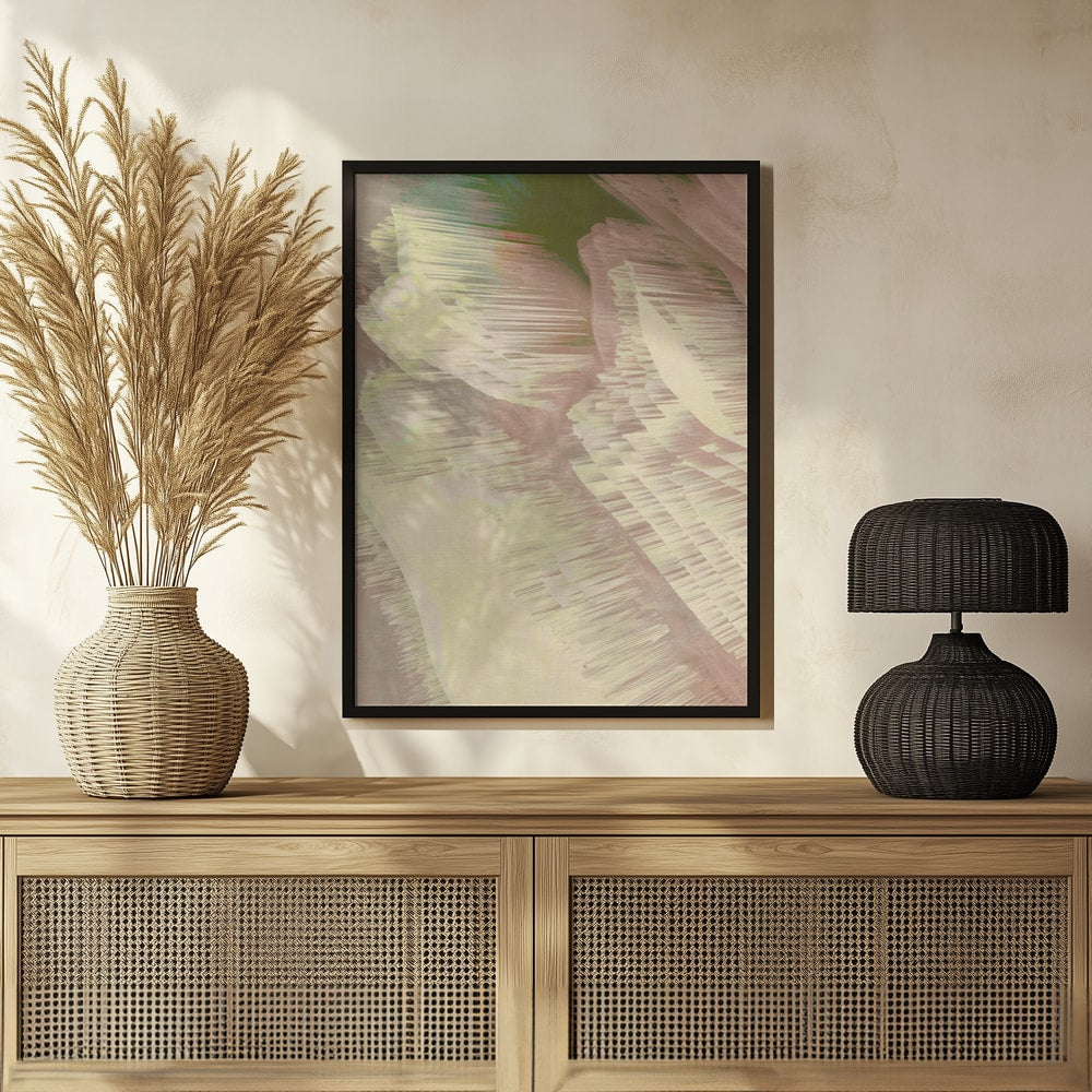 Abstrakte diagonale Wellen in Creme, Rosé und Grün
