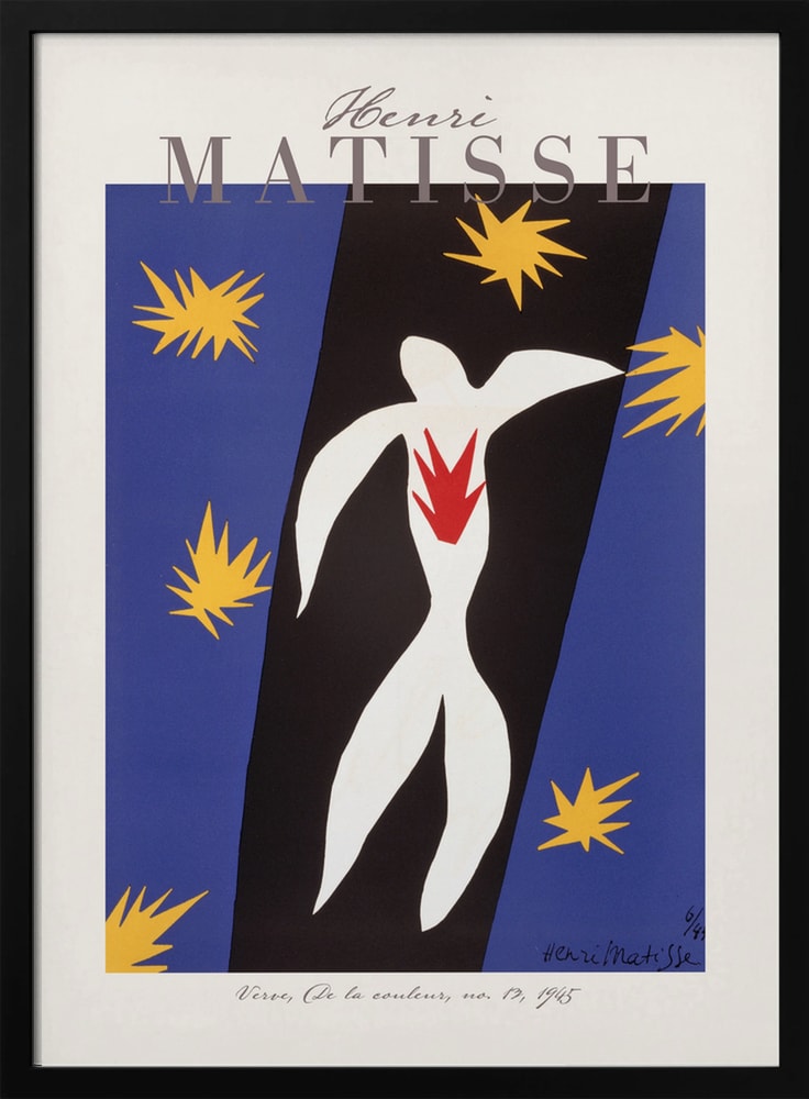 Ausstellungsplakat Henri Matisse mit weißer Ikarus-Figur und gelben Sternen auf Blau, grauer Schriftzug