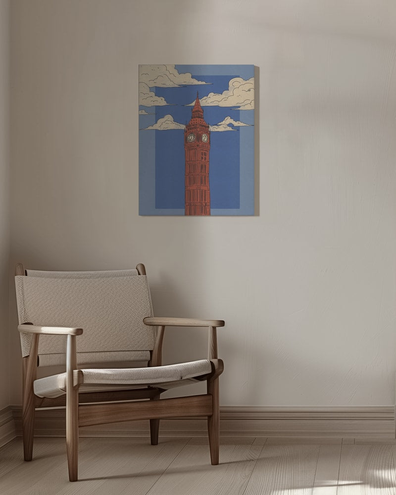 Illustration des Big Ben in Rot vor blauem Himmel mit Wolken