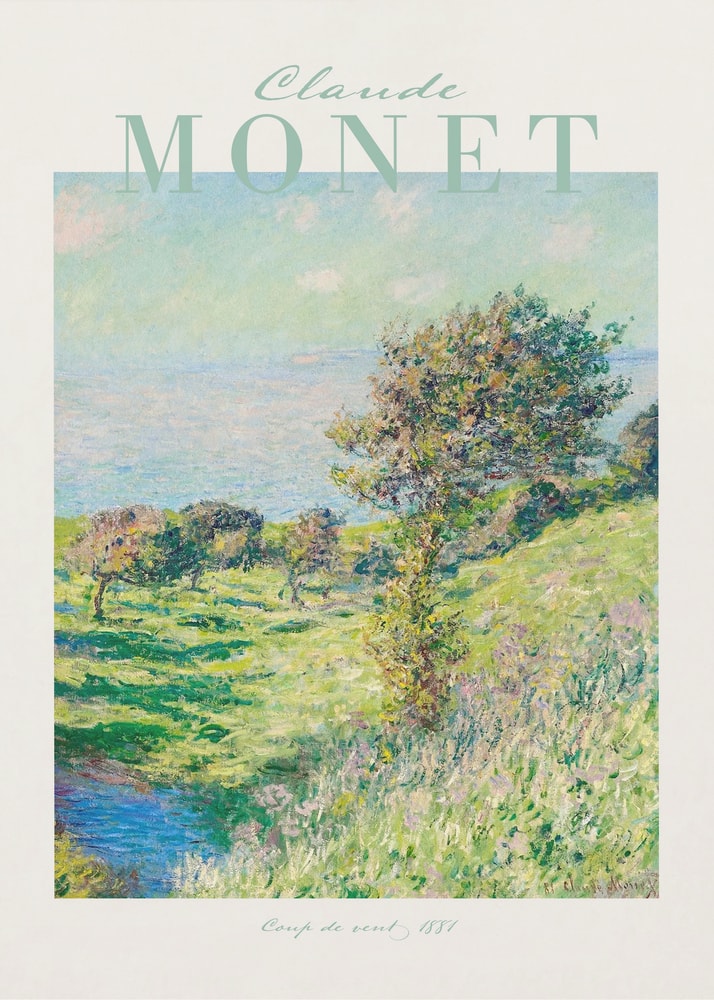 Ausstellungsplakat Claude Monet mit dem Gemälde Windstoß, mintfarbener Schriftzug
