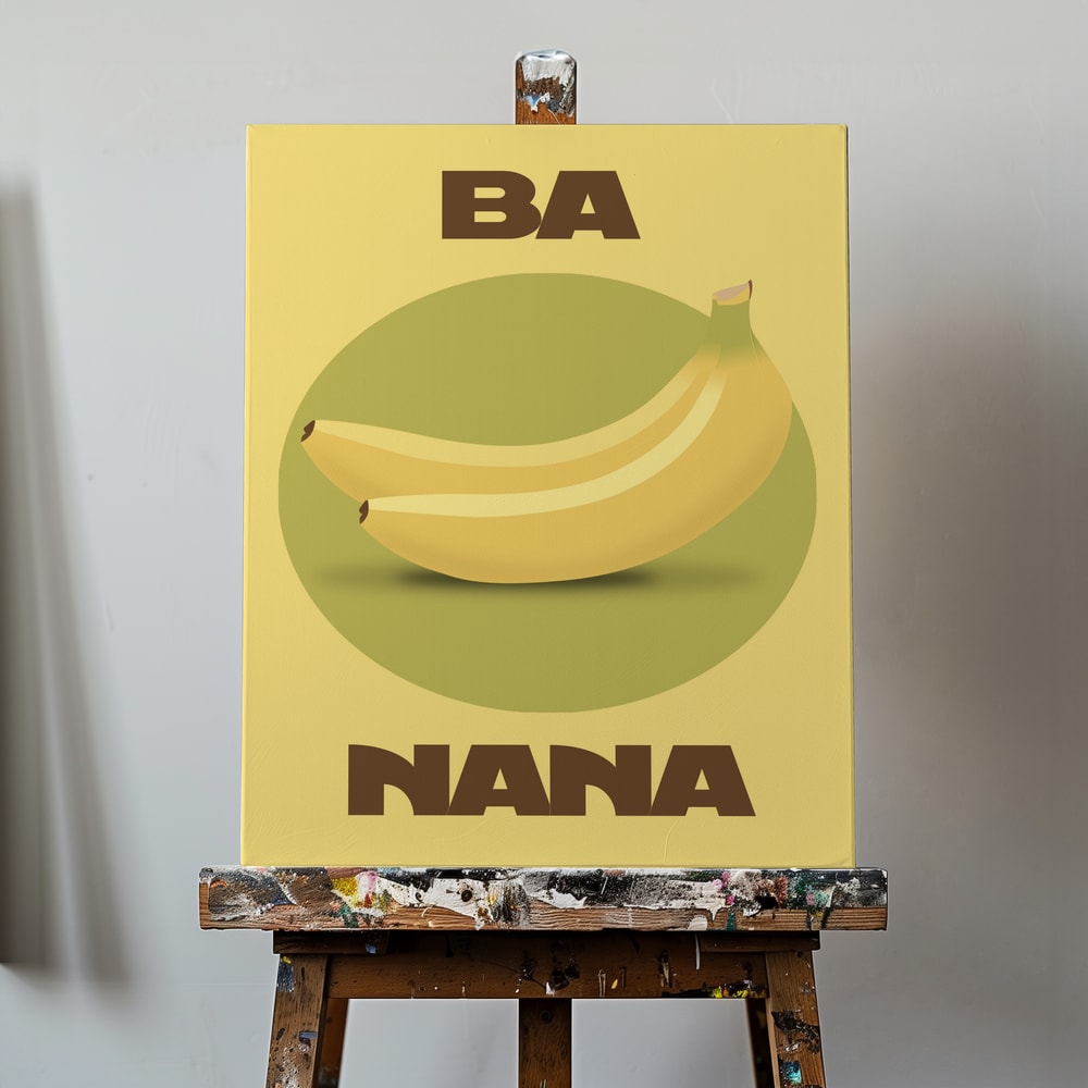 Zwei Bananen auf grünem Kreis mit Schriftzug Ba Nana auf gelbem Hintergrund