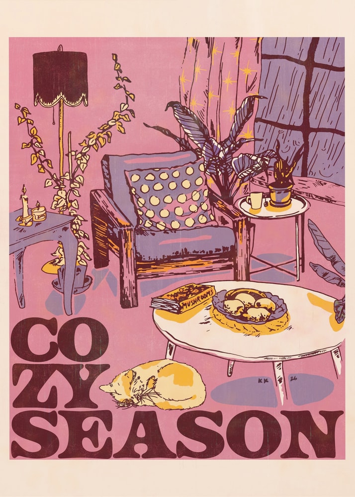 Illustration eines gemütlichen Wohnzimmers mit Sessel, Pflanzen und schlafender Katze, Schriftzug Cozy Season