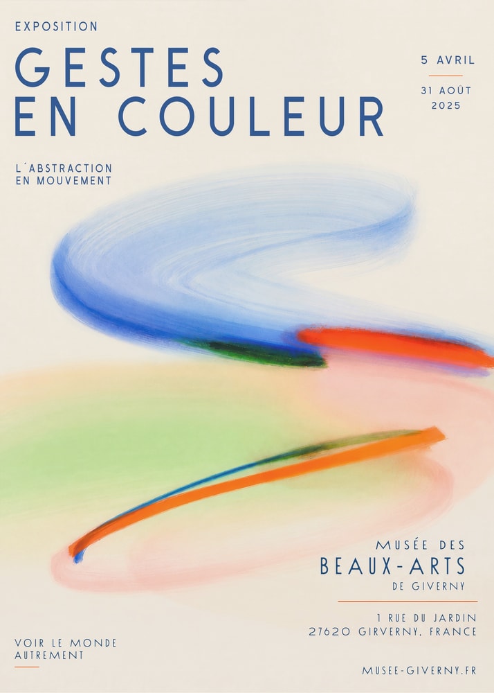 Ausstellungsplakat Gestes en Couleur mit schwungvollen Pinselstrichen in Blau, Orange und Grün