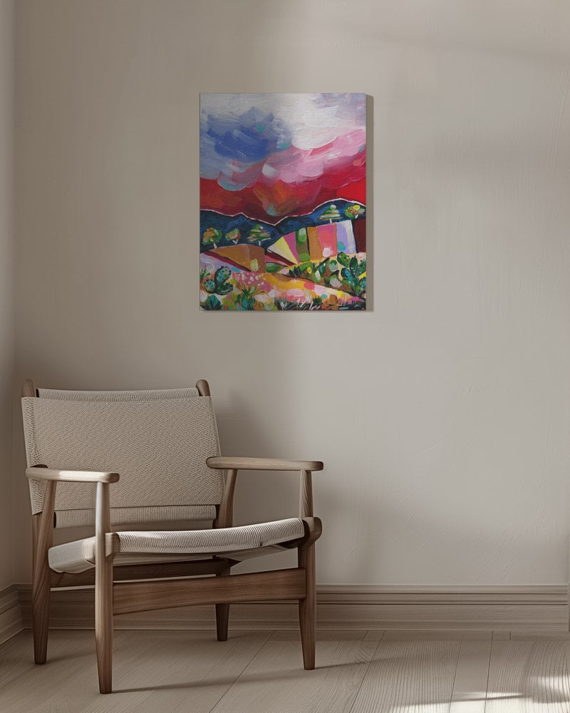 Expressives Gemälde einer bunten Wüstenlandschaft mit Kakteen und wolkigem Himmel
