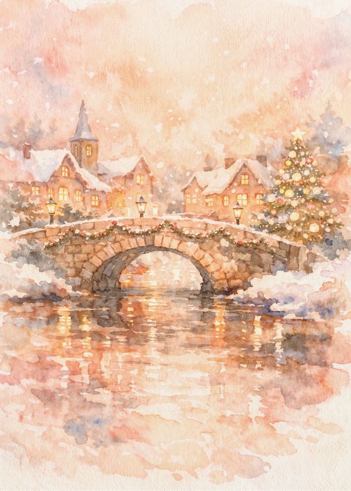 Aquarell eines verschneiten Weihnachtsdorfs mit Steinbrücke, Kirche und Lichtern am Fluss