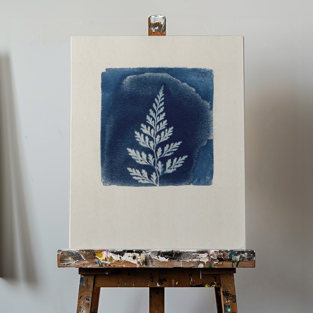 Weißes Farnblatt auf blauem Quadrat im Cyanotypie-Stil auf hellem Papier