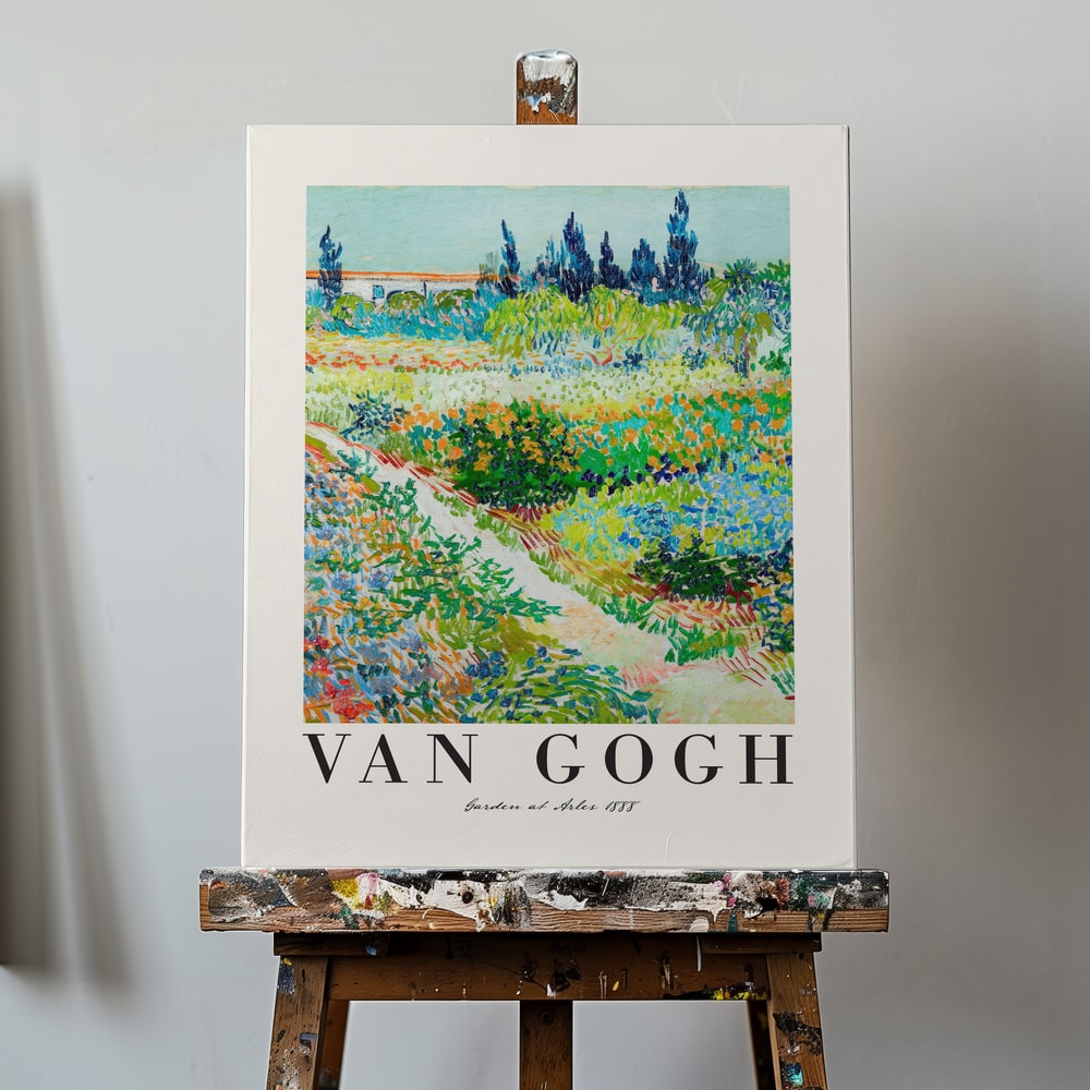 Ausstellungsplakat Vincent van Gogh mit dem Gemälde Garten in Arles, Schriftzug unten