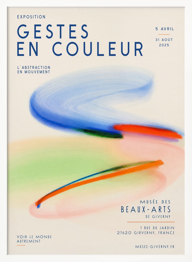 Ausstellungsplakat Gestes en Couleur mit schwungvollen Pinselstrichen in Blau, Orange und Grün