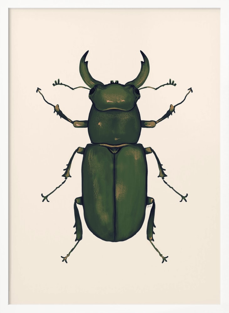 Illustration eines dunkelgrünen Hirschkäfers auf hellem Hintergrund
