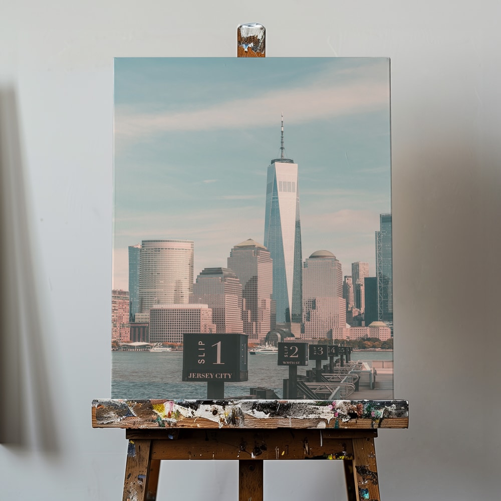 Fotografie der Skyline von Lower Manhattan mit One World Trade Center und Fähranlegern
