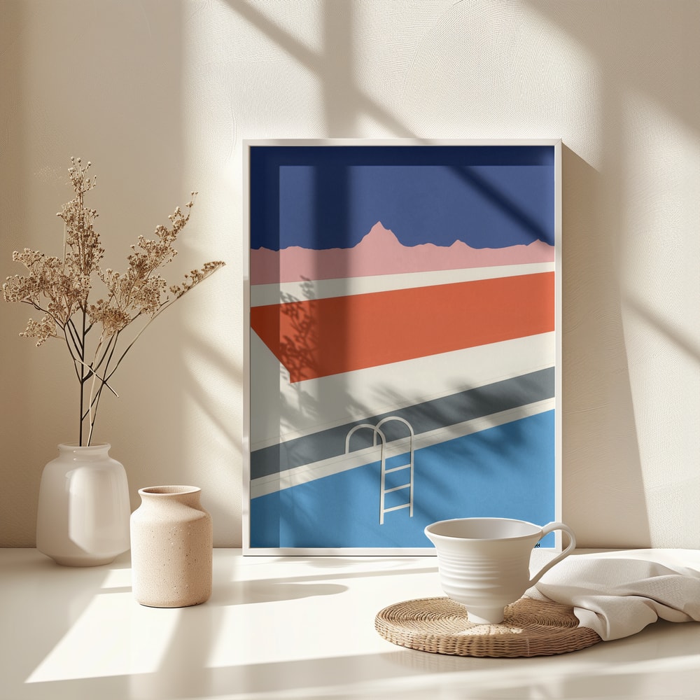 Grafische Illustration einer Poolleiter mit roten Flächen und rosa Bergkette
