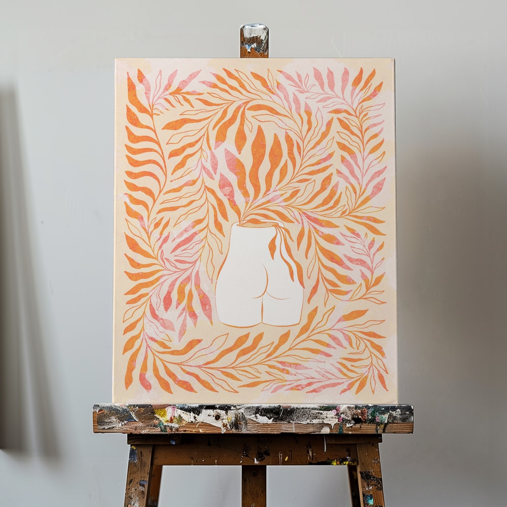 Weißer weiblicher Torso von hinten, umgeben von orangen und rosafarbenen Blättern
