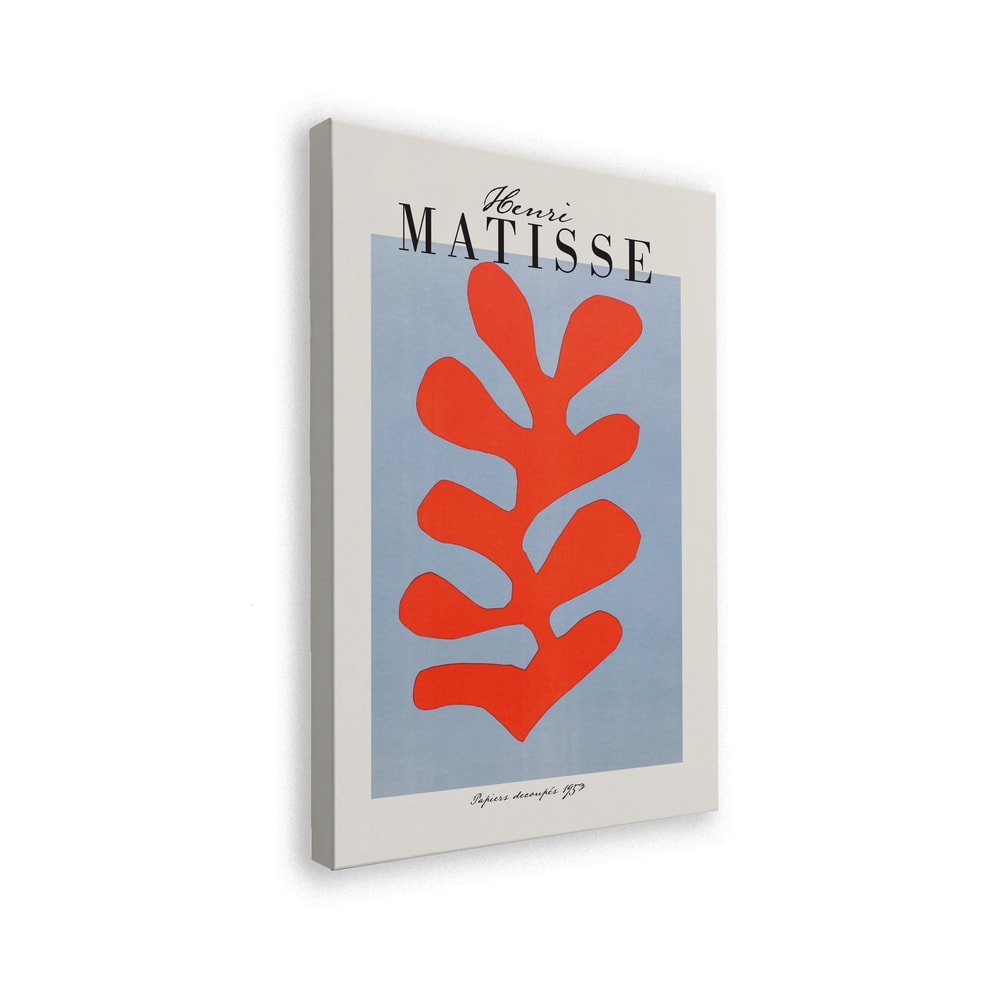 Ausstellungsplakat Henri Matisse mit korallenrotem Scherenschnitt-Blatt auf hellblauem Grund, schwarzer Schriftzug