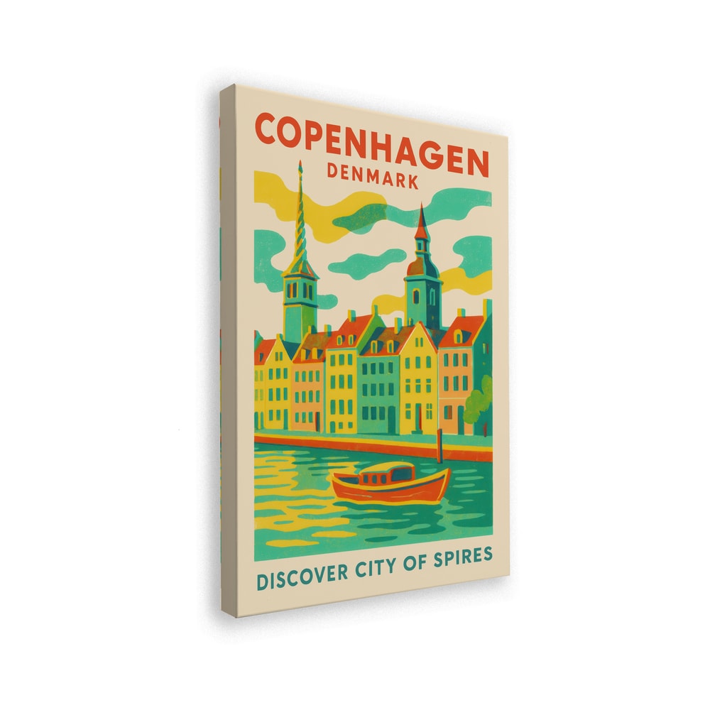 Reiseplakat Kopenhagen mit bunten Häusern, Kirchtürmen und Boot auf dem Kanal