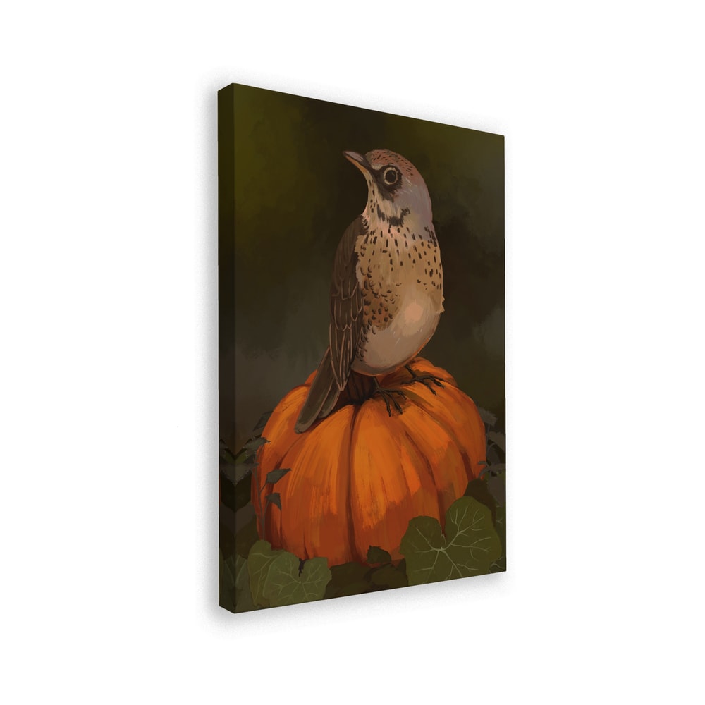 Gemälde eines kleinen gesprenkelten Vogels auf einem orangen Kürbis vor dunkelgrünem Hintergrund