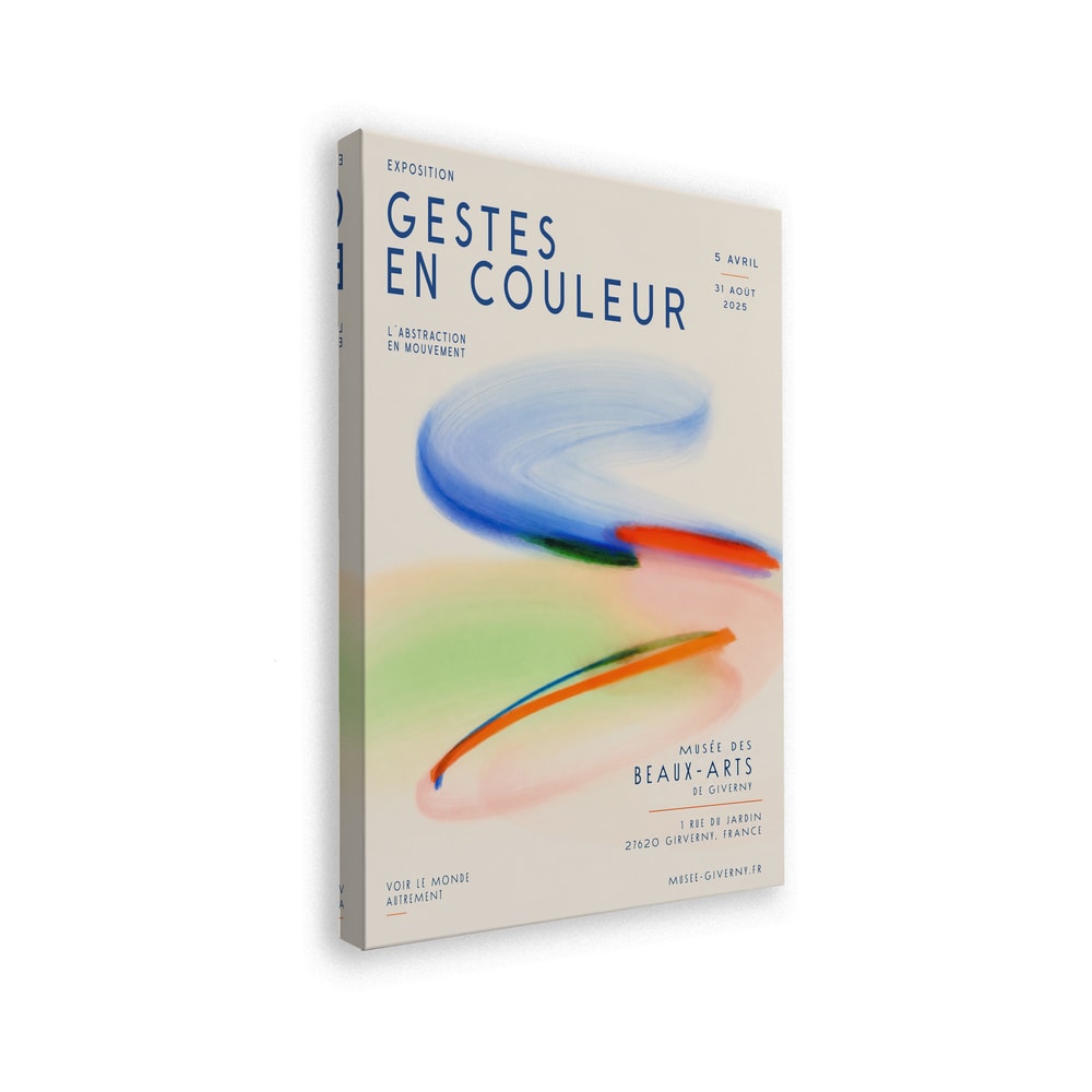 Ausstellungsplakat Gestes en Couleur mit schwungvollen Pinselstrichen in Blau, Orange und Grün