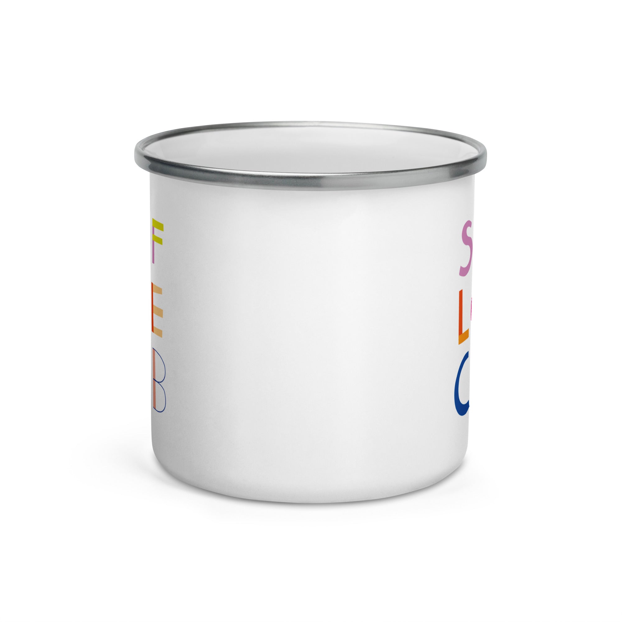Self Love Club Emaille Tasse – Bunte Retro Becher mit Selbstliebe-Motiv | Leicht & Robust | Handgefertigte Emailletasse mit Spruch | Geschenk für Frauen, Freundinnen, Achtsamkeit & Empowerment