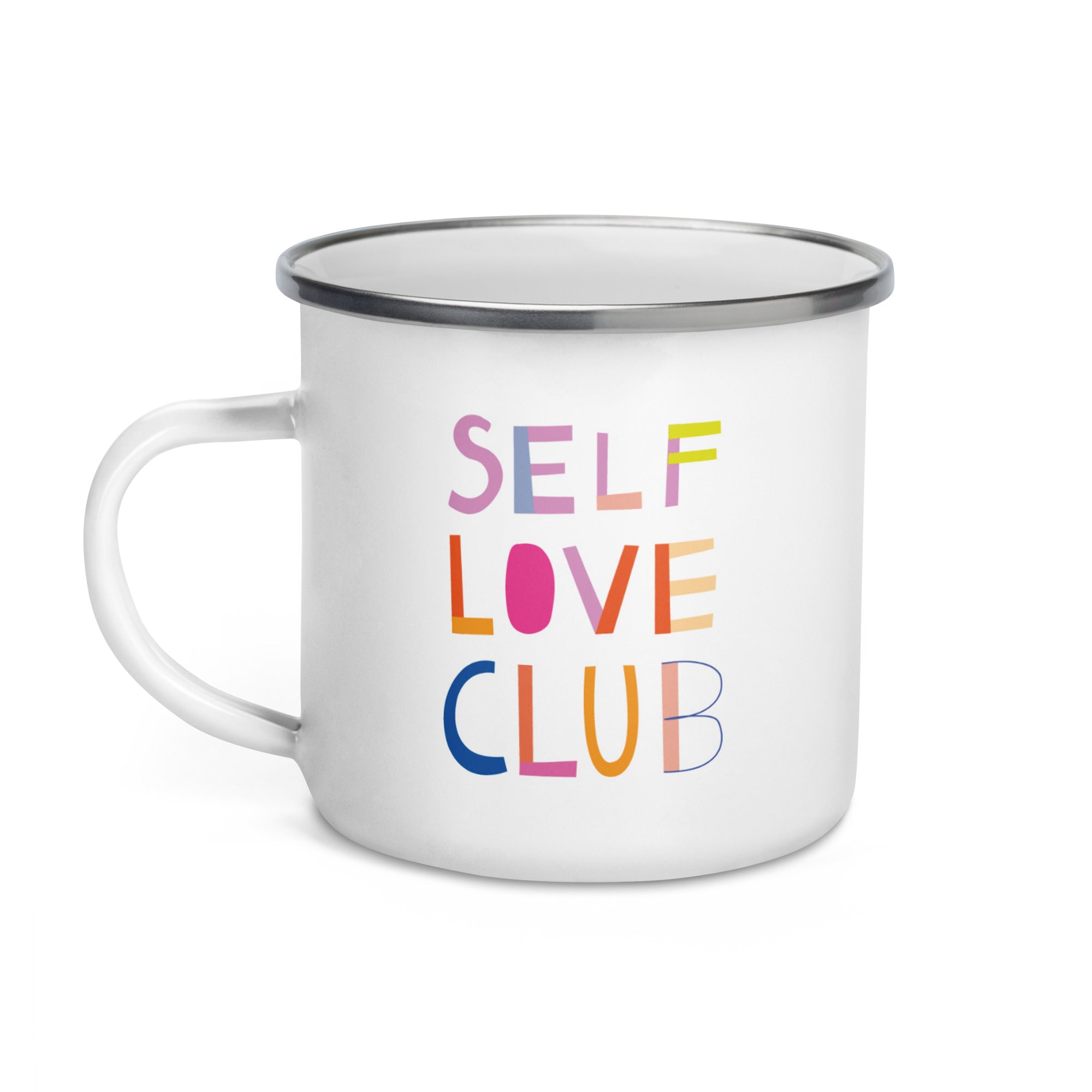 Self Love Club Emaille Tasse – Bunte Retro Becher mit Selbstliebe-Motiv | Leicht & Robust | Handgefertigte Emailletasse mit Spruch | Geschenk für Frauen, Freundinnen, Achtsamkeit & Empowerment