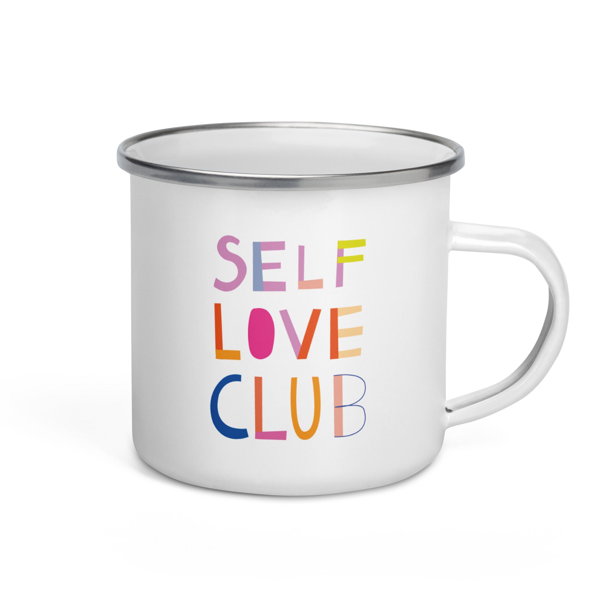 Self Love Club Emaille Tasse – Bunte Retro Becher mit Selbstliebe-Motiv | Leicht & Robust | Handgefertigte Emailletasse mit Spruch | Geschenk für Frauen, Freundinnen, Achtsamkeit & Empowerment