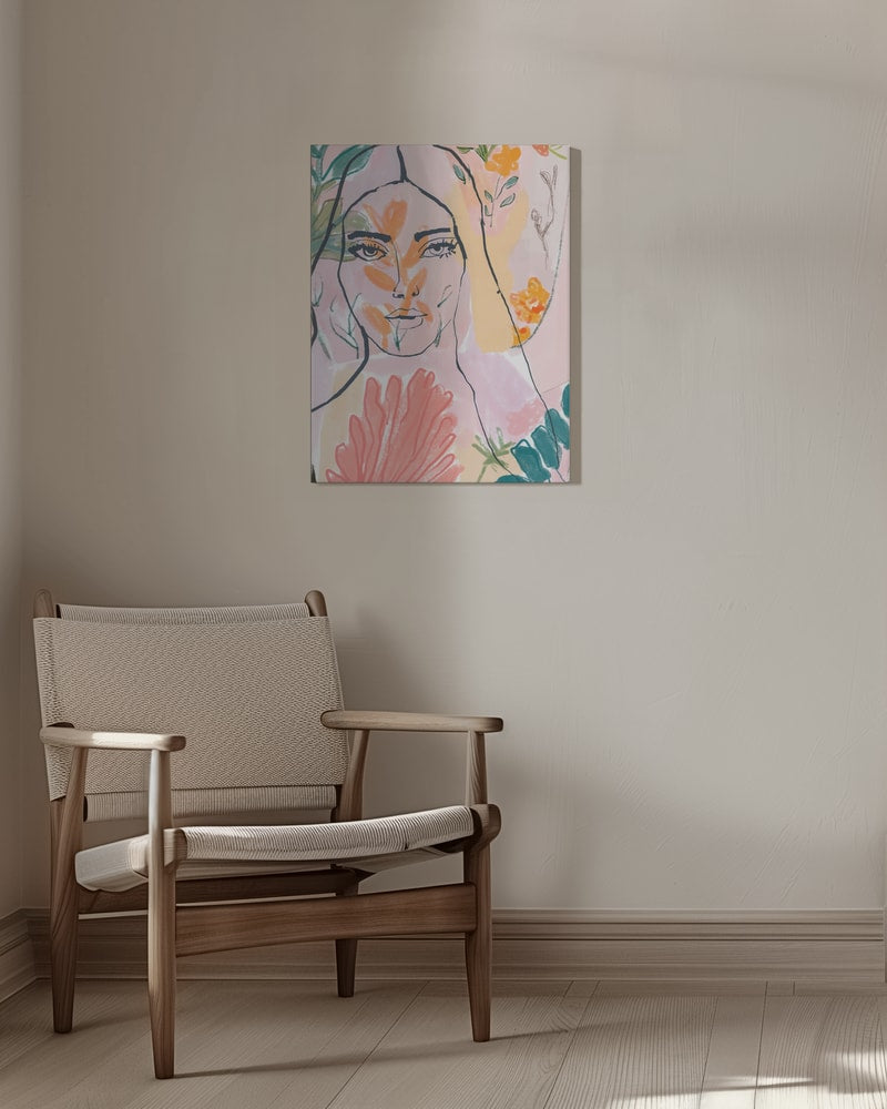 Linienzeichnung eines Frauengesichts zwischen rosa, orangen und grünen Blüten