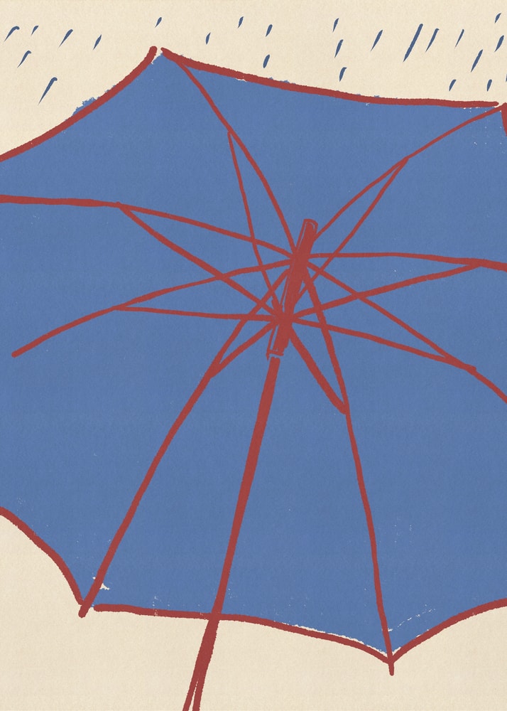 Illustration eines blauen Regenschirms mit roten Streben und Regentropfen auf hellem Hintergrund