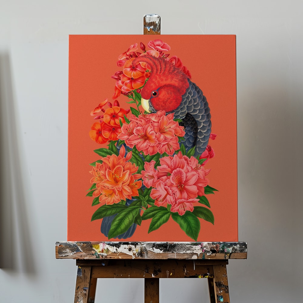 Illustration eines Kakadus mit rotem Kopf zwischen roten und lachsfarbenen Blüten auf orangerotem Hintergrund