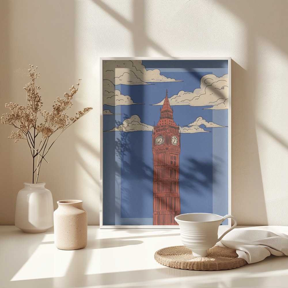 Illustration des Big Ben in Rot vor blauem Himmel mit Wolken