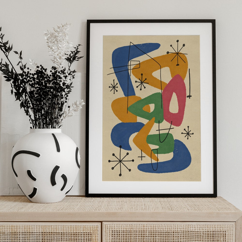 Abstrakte Bumerangformen in Blau, Orange, Grün und Pink mit Sternen im Midcentury-Stil