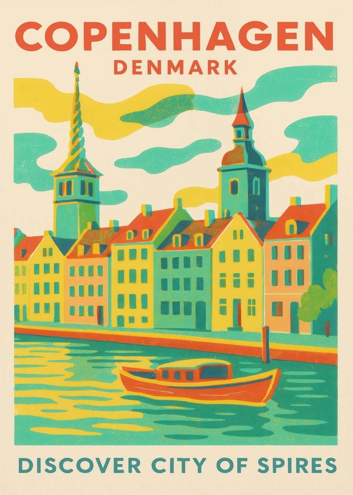 Reiseplakat Kopenhagen mit bunten Häusern, Kirchtürmen und Boot auf dem Kanal