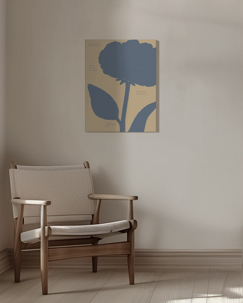Stilisierte graublaue Blüte auf beigem Hintergrund mit kleinen Textzeilen